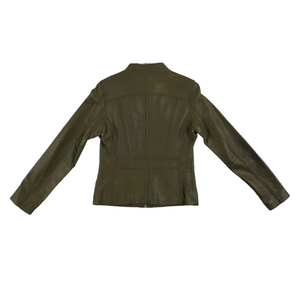 Michael Kors Leather Moto Jacket Women's Size Small Olive Green Biker Coat Lined